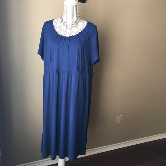 Land’s End 1X Blue pleated collar fit/flare dress - Picture 2 of 3